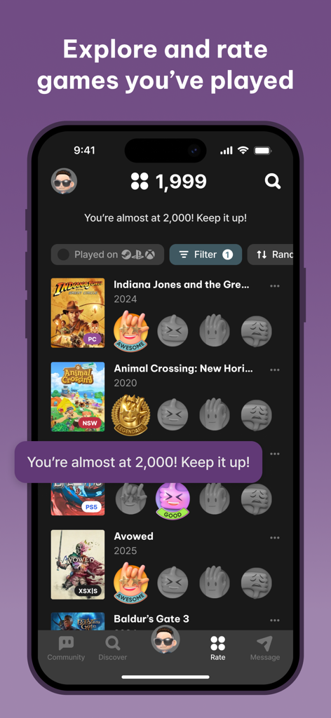 FUZE: Gaming Community - The FUZE app interface showing a list of video games with user ratings and a collection counter of 1,999 games.