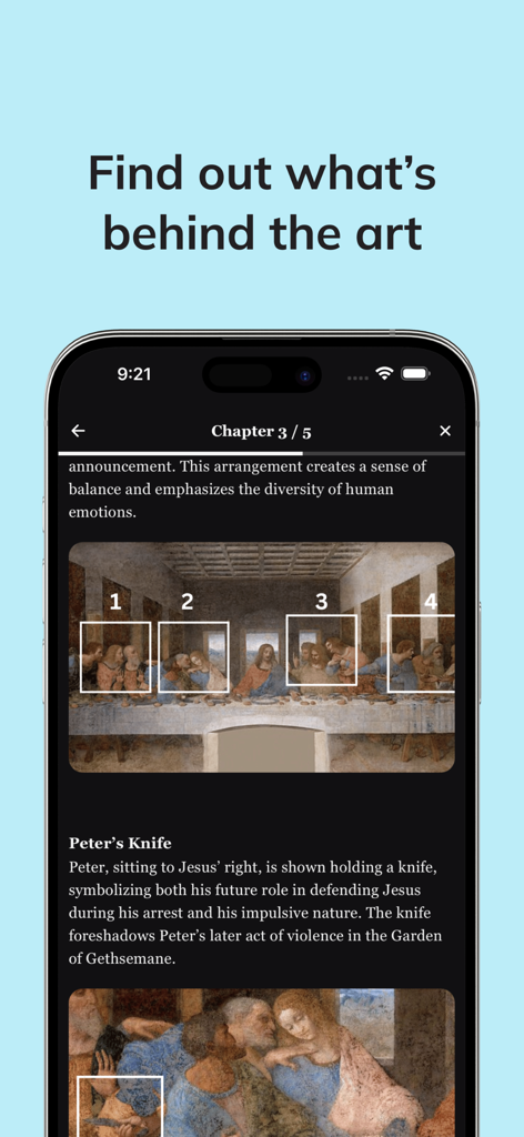 Mindsnap: Daily Micro Learning - Mindsnap app screen showing a micro learning lesson about the symbolism and history behind The Last Supper painting.