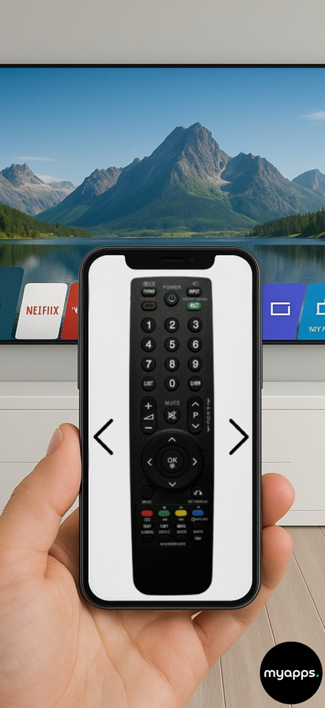 Remote For LG Smart TVs - Una mano sosteniendo un smartphone mostrando un control remoto virtual LG para TV frente a un televisor inteligente