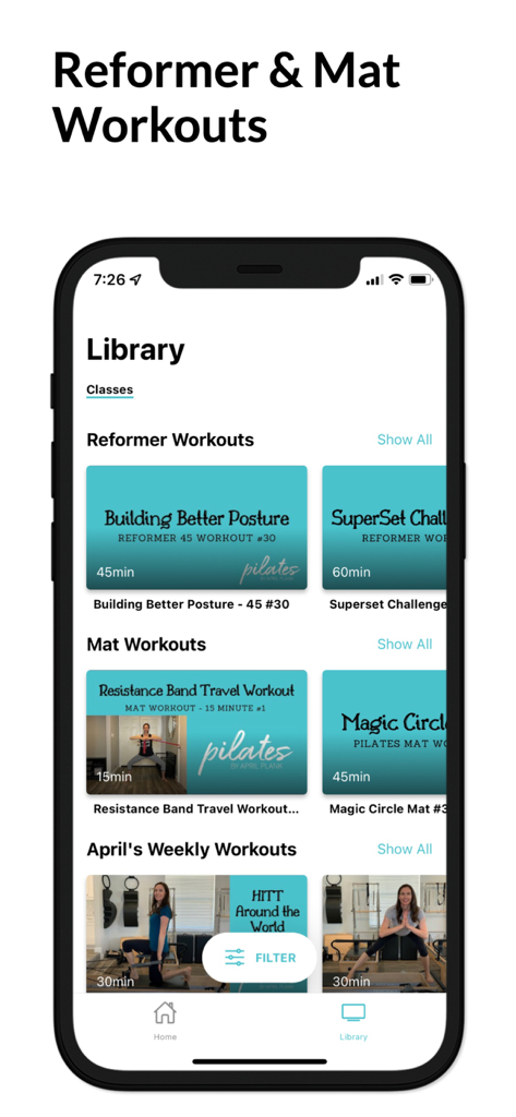 April Plank Pilates - April Plank Pilates app interface showing the library of reformer and mat workout classes