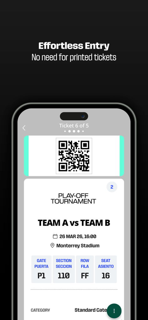 FWC26 Play-Off Mobile Tickets - Digital match ticket with QR code and seat information for the FIFA World Cup 2026 Play-Off Tournament on a mobile screen