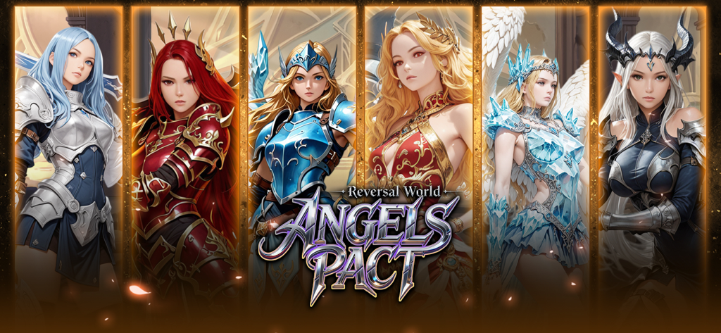 Werbegrafik mit sechs göttlichen weiblichen Charakteren in Fantasy-Rüstung für Angels Pact Reversal World.