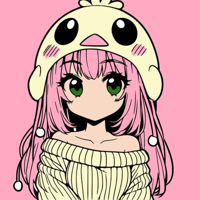 anime girl with chick shaped hat with sweater with bare shoulders with bangs covering them one eye with low tail