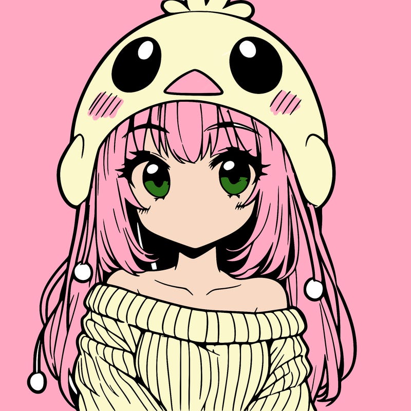 anime girl with chick shaped hat with sweater with bare shoulders with bangs covering them one eye with low tail