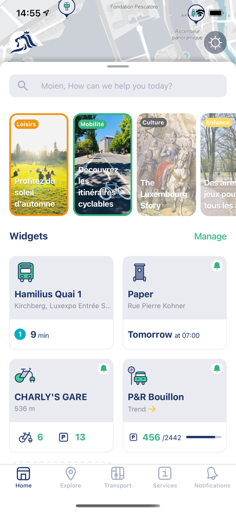 CityApp - Your guide to VDL - Pantalla de inicio de la CityApp Luxemburgo con widgets de tránsito y servicios en tiempo real