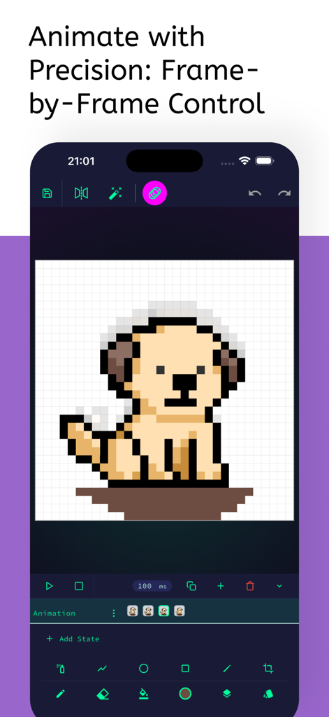 Picell - Pixel Art Editor - Interface of the Picell app showing frame by frame pixel art animation of a golden retriever puppy.
