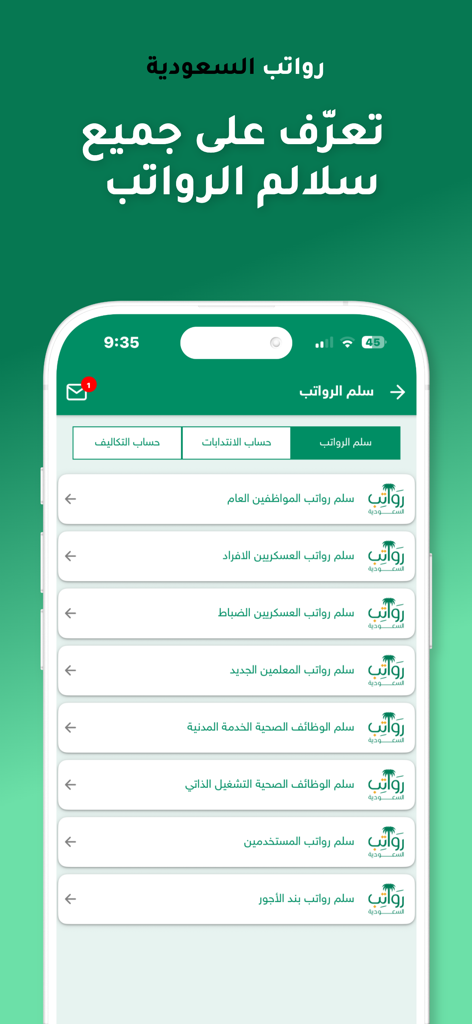 Interface of Saudi Salaries app showing various government and military salary scale options