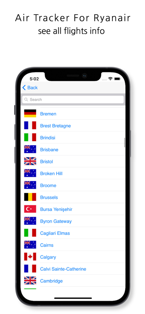Una lista de aeropuertos y ciudades internacionales buscables con banderas nacionales en la aplicación móvil Air Tracker Para Ryanair