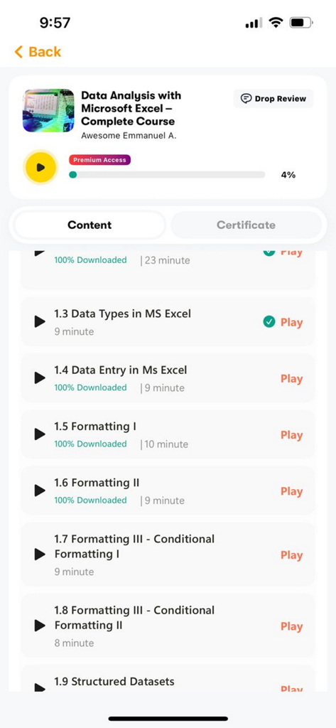 AQskill - Online Learning App - Interface of the AQskill app showing a list of video lessons for a Data Analysis with Microsoft Excel course
