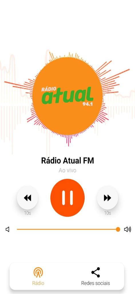 Rádio Atual 94.1 - Interface do player ao vivo do aplicativo Rádio Atual 94.1