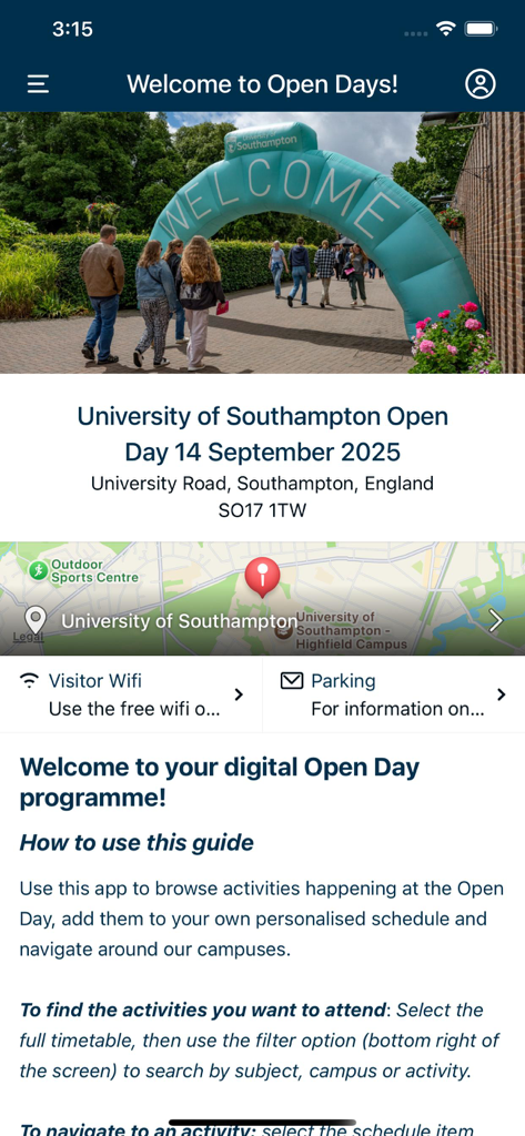 행사 세부 정보와 지도를 보여주는 사우스햄튼 대학교의 디지털 오픈 데이 가이드