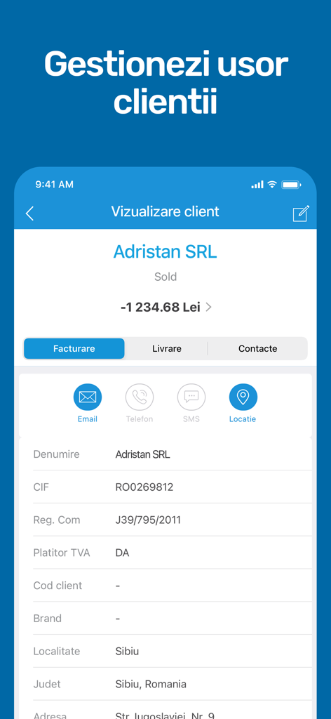 SmartBill - Interfaz de la aplicación móvil SmartBill mostrando un perfil de cliente detallado con información de contacto y historial de facturación