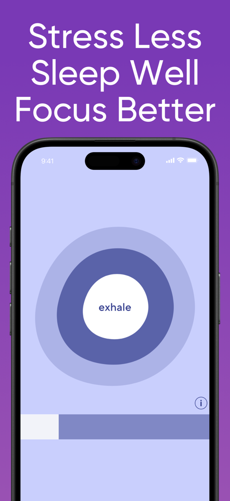 Breathing Exercises by Breeeze - iPhone screen showing an exhale breathing exercise with the headline Stress Less Sleep Well Focus Better