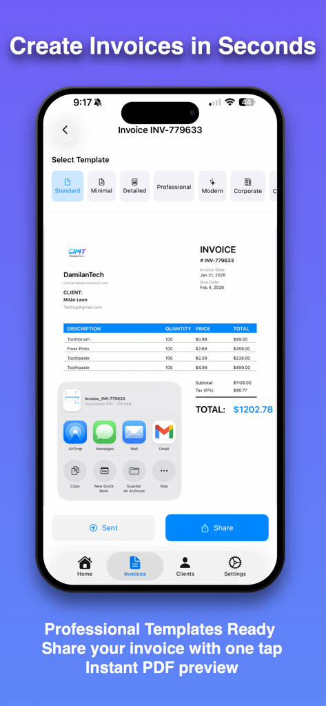Docs Maker: Invoice Maker - Docs Maker app interface displaying professional invoice templates and a PDF preview with sharing options