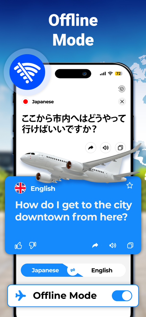 XTranslate - Photo, Voice, PDF - Pantalla de smartphone mostrando la aplicación XTranslate en modo offline traduciendo texto japonés a inglés