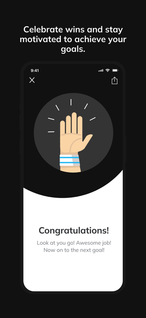 RF TEAM app congratulations screen for achieving fitness goals