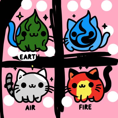 4 cats that represent the different elements, earth, water, air, and fire