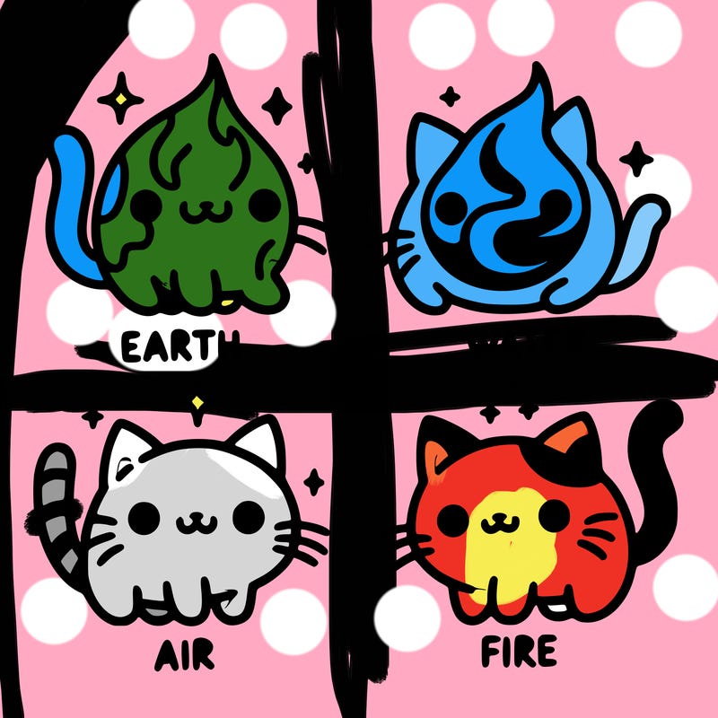 4 cats that represent the different elements, earth, water, air, and fire