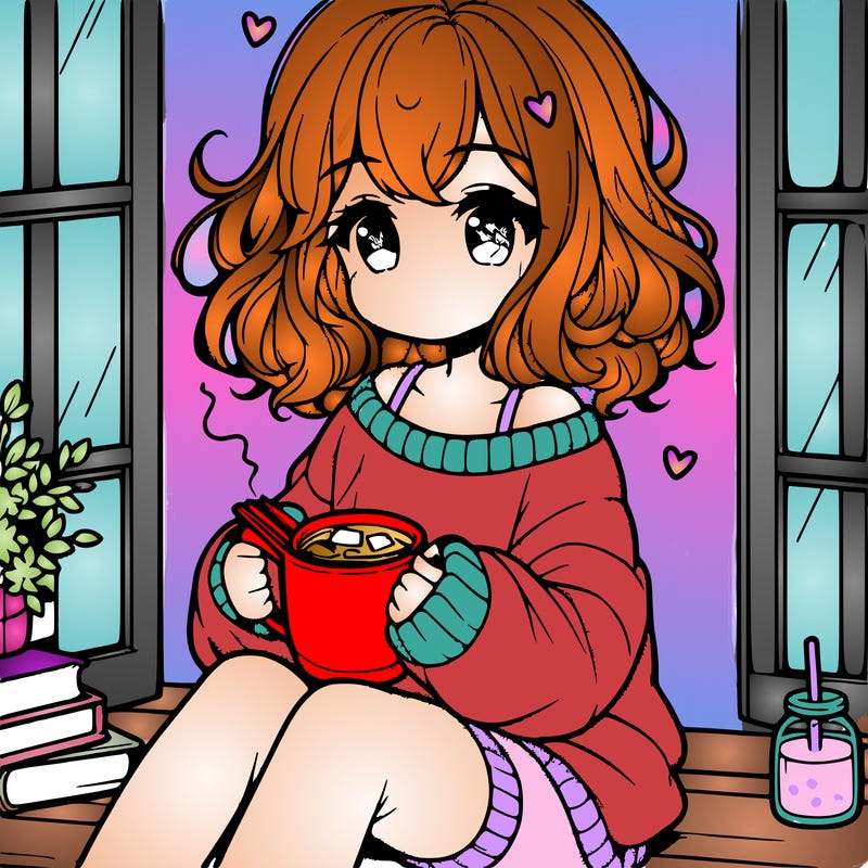 cute anime girl reading book and drinking hot chocolate from mug with loose wavy hair wearing a baggy sweatshirt and shorts sitting by windowsill looking out