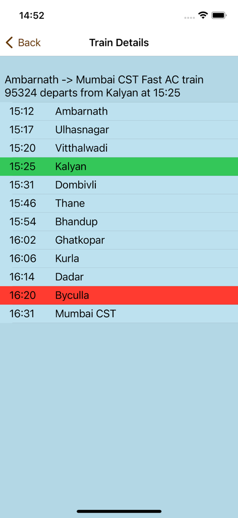 Mumbai Local Train Timetable - Interface showing the detailed schedule and arrival times for a Mumbai local train from Ambarnath to Mumbai CST.