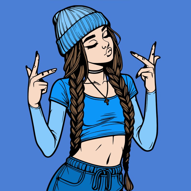 realistic teenage girl with braids and a beanie and crop top doing 🫶🏼