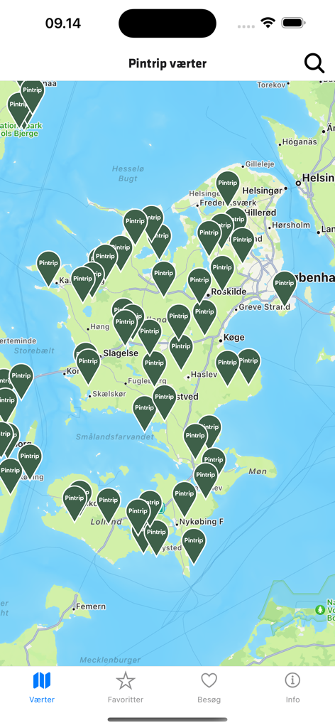 Pintrip - motorhome stopovers - Map view in the Pintrip app showing numerous motorhome stopover locations across Denmark marked with green pins.