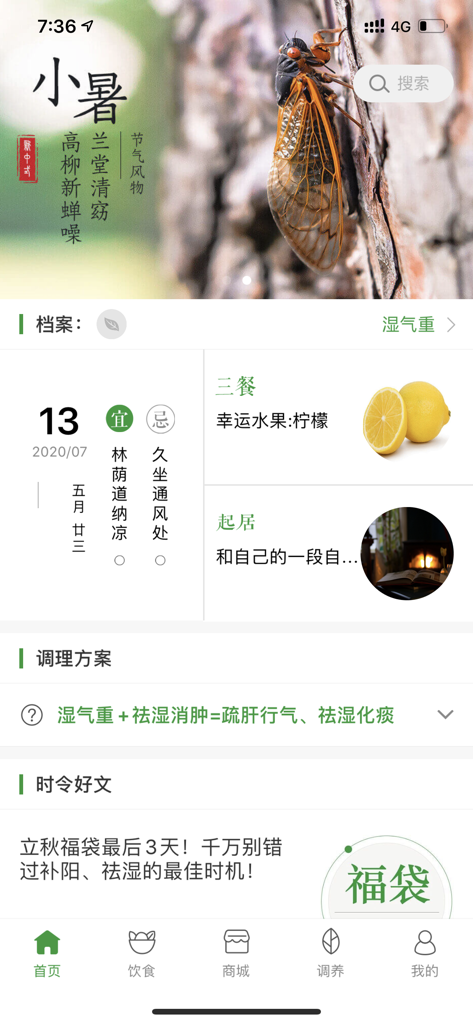 过日子-体质调理健康养生症状查询 - Interface of the Guo Ri Zi health app featuring traditional Chinese medicine advice and solar terms.