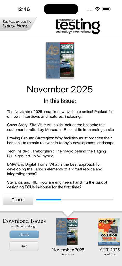 Automotive Testing Technology - Interface of the Automotive Testing Technology International app displaying the November 2025 issue summary and download options.
