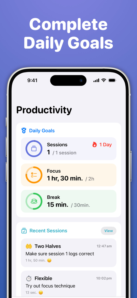 Focused Work - Pomodoro Timer - Tableau de bord de productivité dans l'application Focused Work montrant les objectifs quotidiens pour les sessions de concentration et de pause