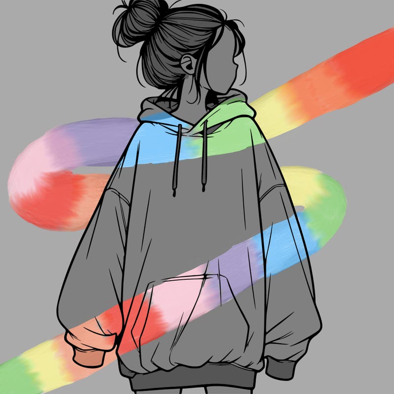 realistic girl with a oversized sweatshirt on and a bun