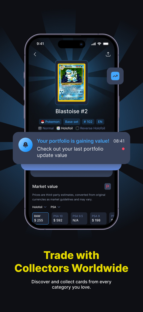 HoloDex app interface displaying market prices for a Blastoise card and a portfolio value growth notification.