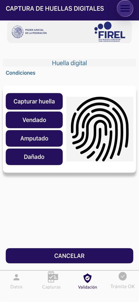 FiREL PJF - Bildschirm zur Erfassung von Fingerabdrücken in der mobilen FiREL PJF-Anwendung zur Verifizierung der elektronischen Signatur.