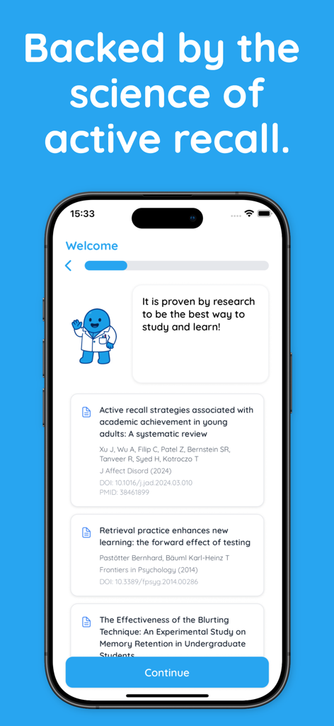 A screen from the Blurt app showing research studies that support the science of active recall and the blurting study method.