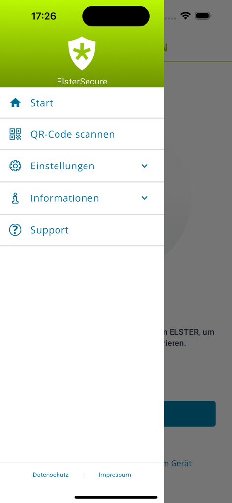 Sidebar navigation menu of the ElsterSecure mobile app showing options like scan QR code and settings in German.