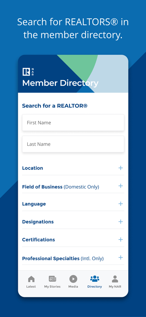 Interface de busca do diretório de membros do aplicativo NAR Mobile para encontrar profissionais imobiliários.