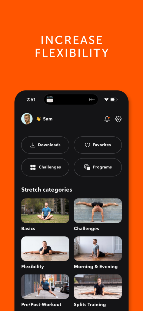 Stretch: Stretching & Mobility - Interface do aplicativo Stretch mostrando categorias de exercícios para flexibilidade e mobilidade