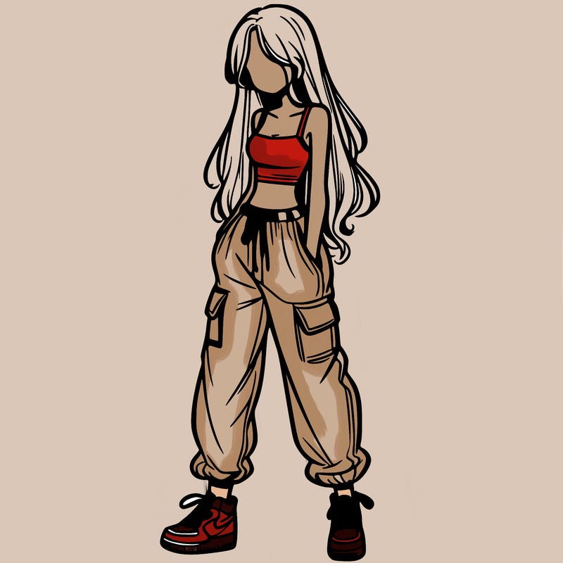 girl in baggy pants crop top and long hair