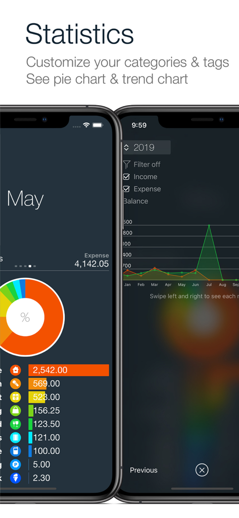 Money - Track easily - Two iPhone screens displaying financial statistics including a colorful spending pie chart by category and a monthly income and expense trend graph.