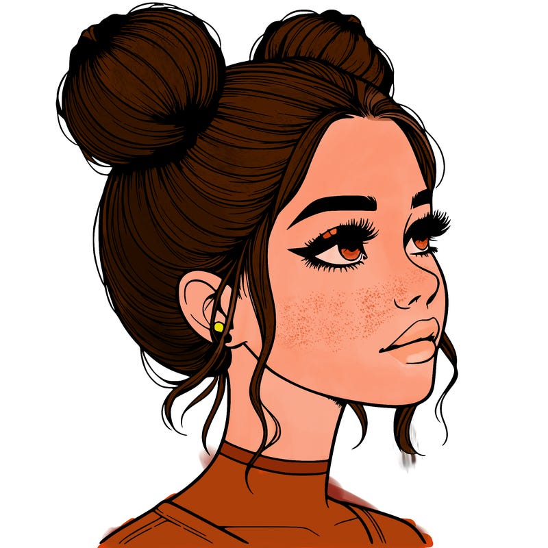 realistic girl with buns on the top of her head