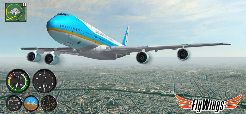 Flight Simulator FlyWings 2015 - Boeing 747 volando sobre París en Flight Simulator FlyWings 2015 con instrumentos de cabina mostrados