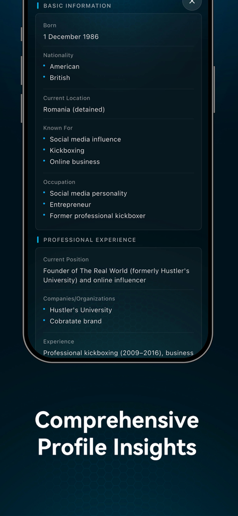 Screenshot of PrimeSearch app showing comprehensive profile insights including basic information and professional experience on a dark themed UI