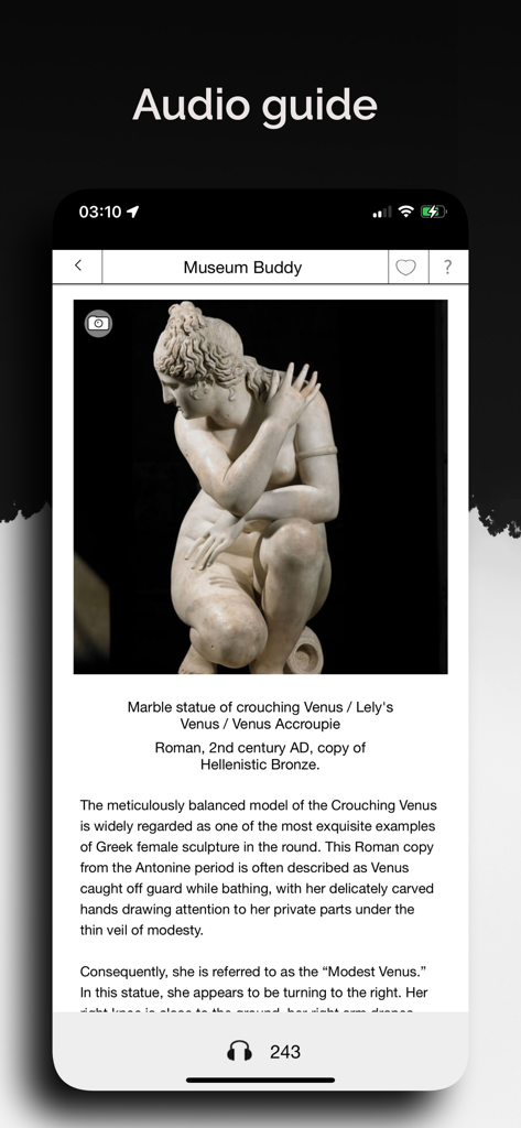 Pantalla de audioguía para la estatua de Venus agachada en la aplicación Guía del Museo Británico.