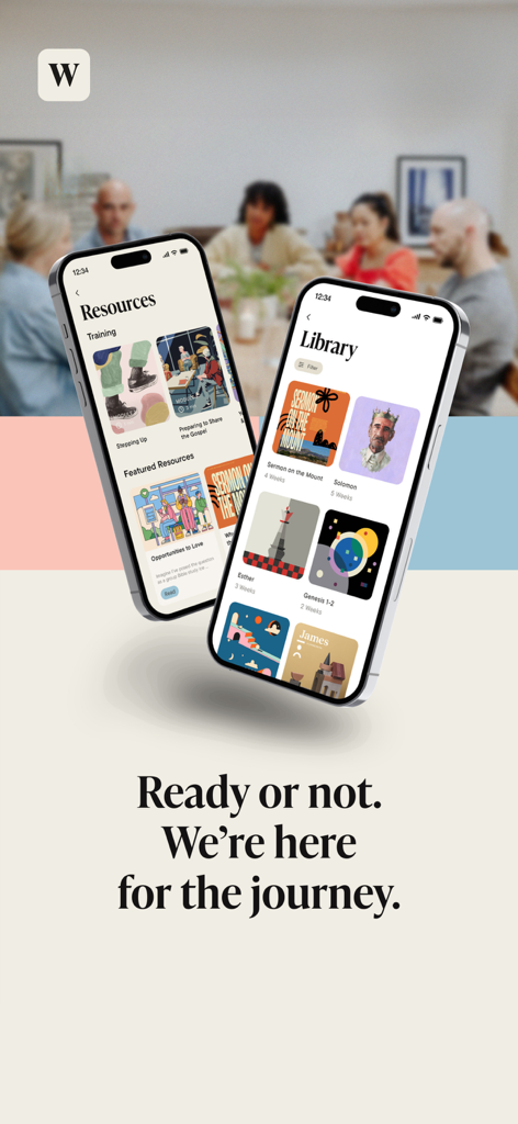 WordGo: The Bible Study App - Two iPhones displaying the WordGo Bible study app Resources and Library sections over a blurred group background.