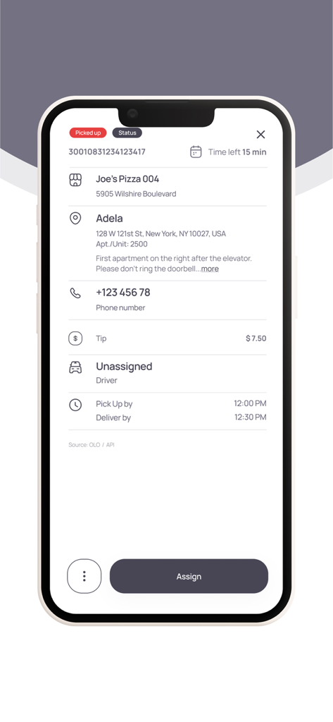 Cartwheel Dispatch - Cartwheel Dispatch mobile app showing delivery order details with an assign button for a driver