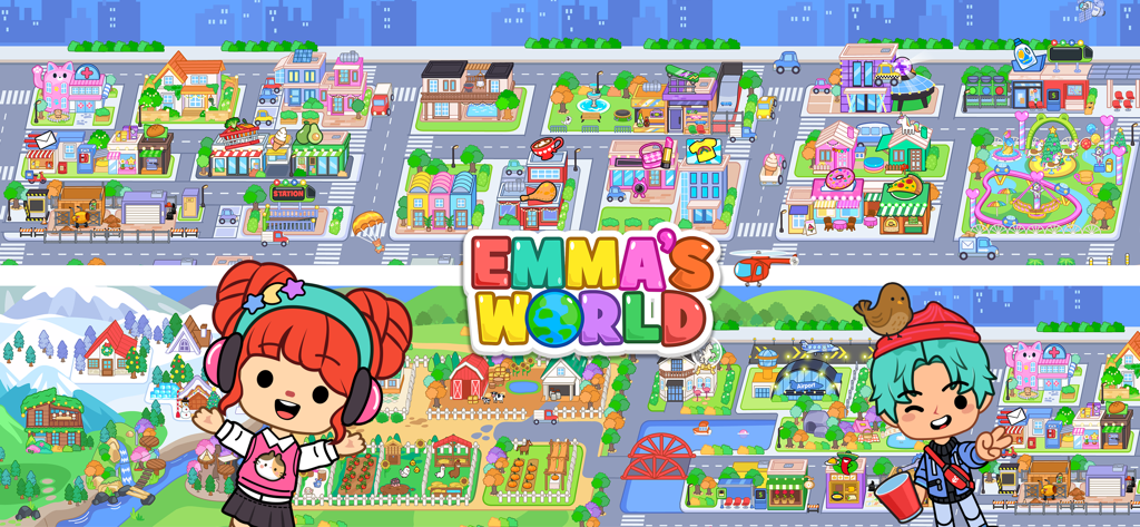 Emma's World - Town & Family - Vista general del mapa del pueblo colorido y los personajes principales de la aplicación Emmas World Town and Family.
