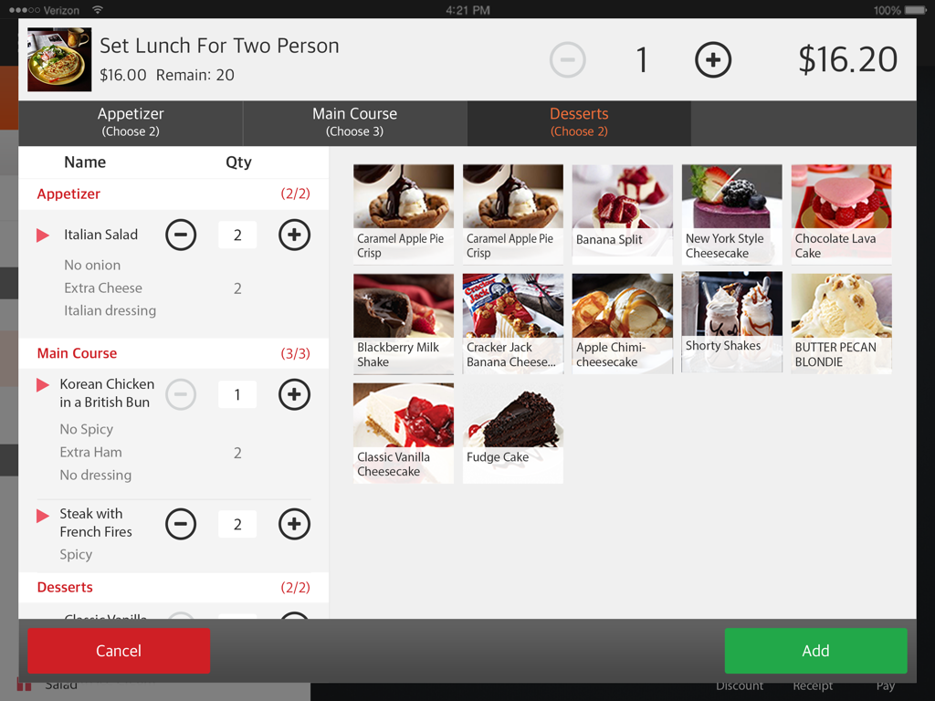 Eats365 POS interface on an iPad displaying a set lunch order with menu modifiers and coursing options.