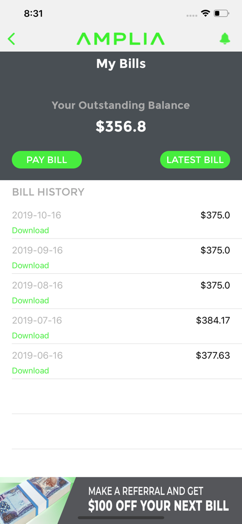 AMPLIA 4U - Amplia 4U app screen showing the my bills section with an outstanding balance and a list of previous bill statements.