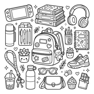 Dive into a vibrant world of imagination with this charming coloring page featuring an array of kids' favorite everyday items. From gaming gadgets to school supplies, young artists will love bringing these familiar objects to life with their favorite colors.