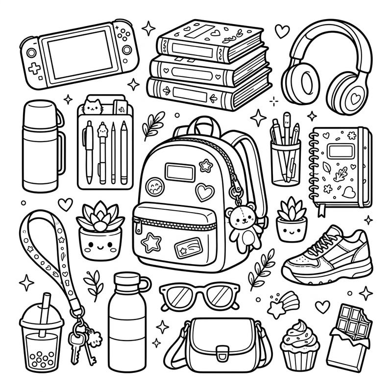 Dive into a vibrant world of imagination with this charming coloring page featuring an array of kids' favorite everyday items. From gaming gadgets to school supplies, young artists will love bringing these familiar objects to life with their favorite colors.
