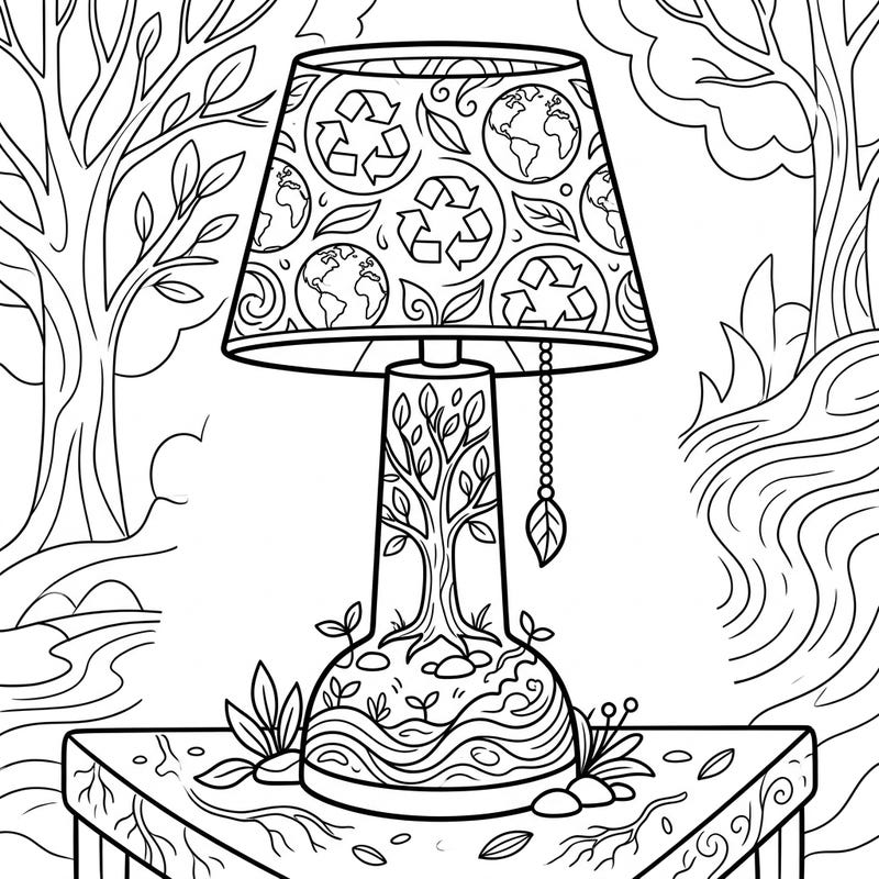 Illuminate your creativity with this special Earth Day table lamp coloring page. Discover intricate patterns of recycling symbols, global motifs, and a beautiful tree design as you bring this eco-conscious scene to life.